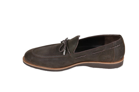 PSM SLIP ON NUBUK LOAFER WITH TIE FRONT TASSLE BROWN